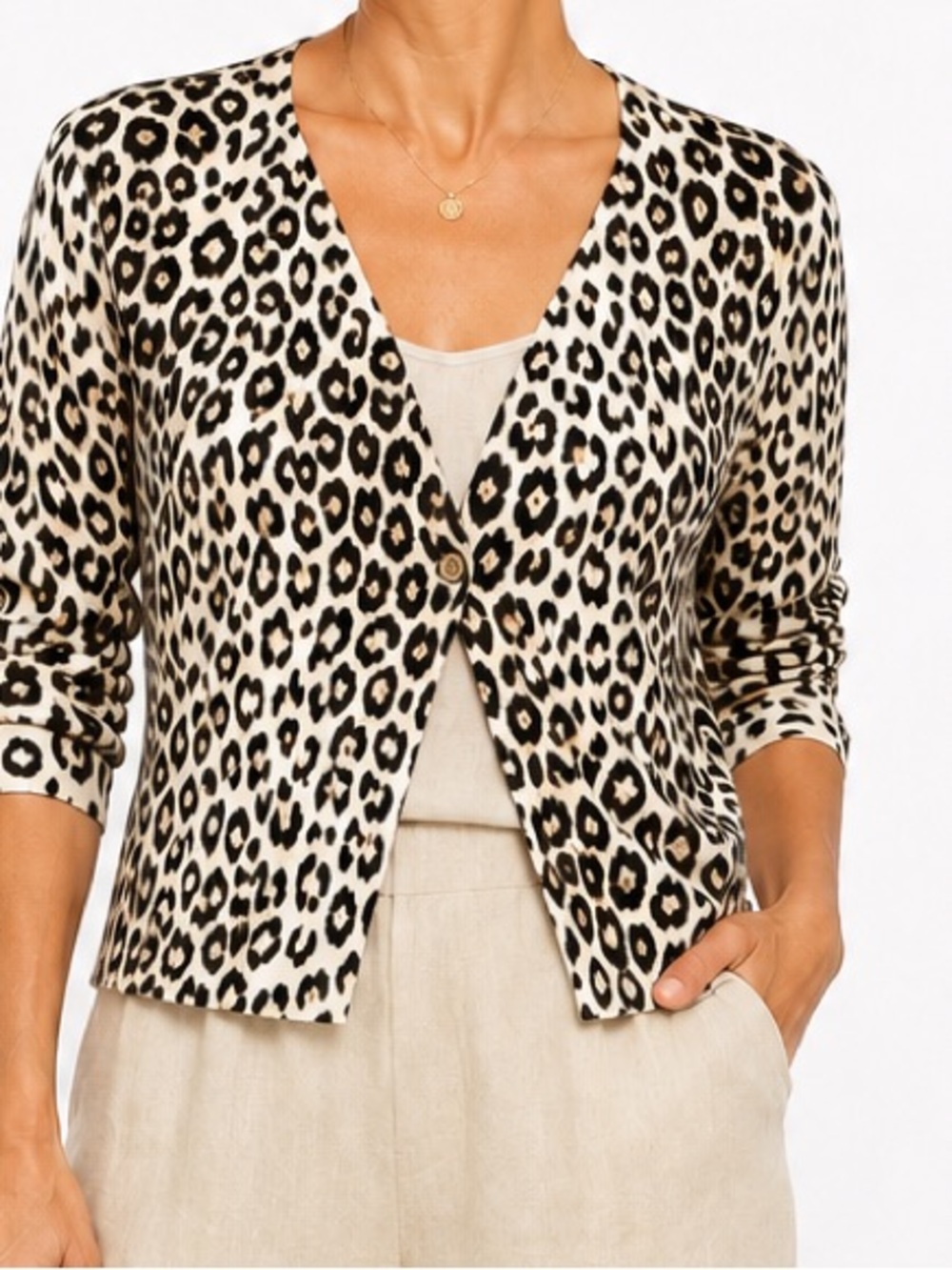 Jones New York, leopard print long sleeve button up cardigan, Sz M, EUC,